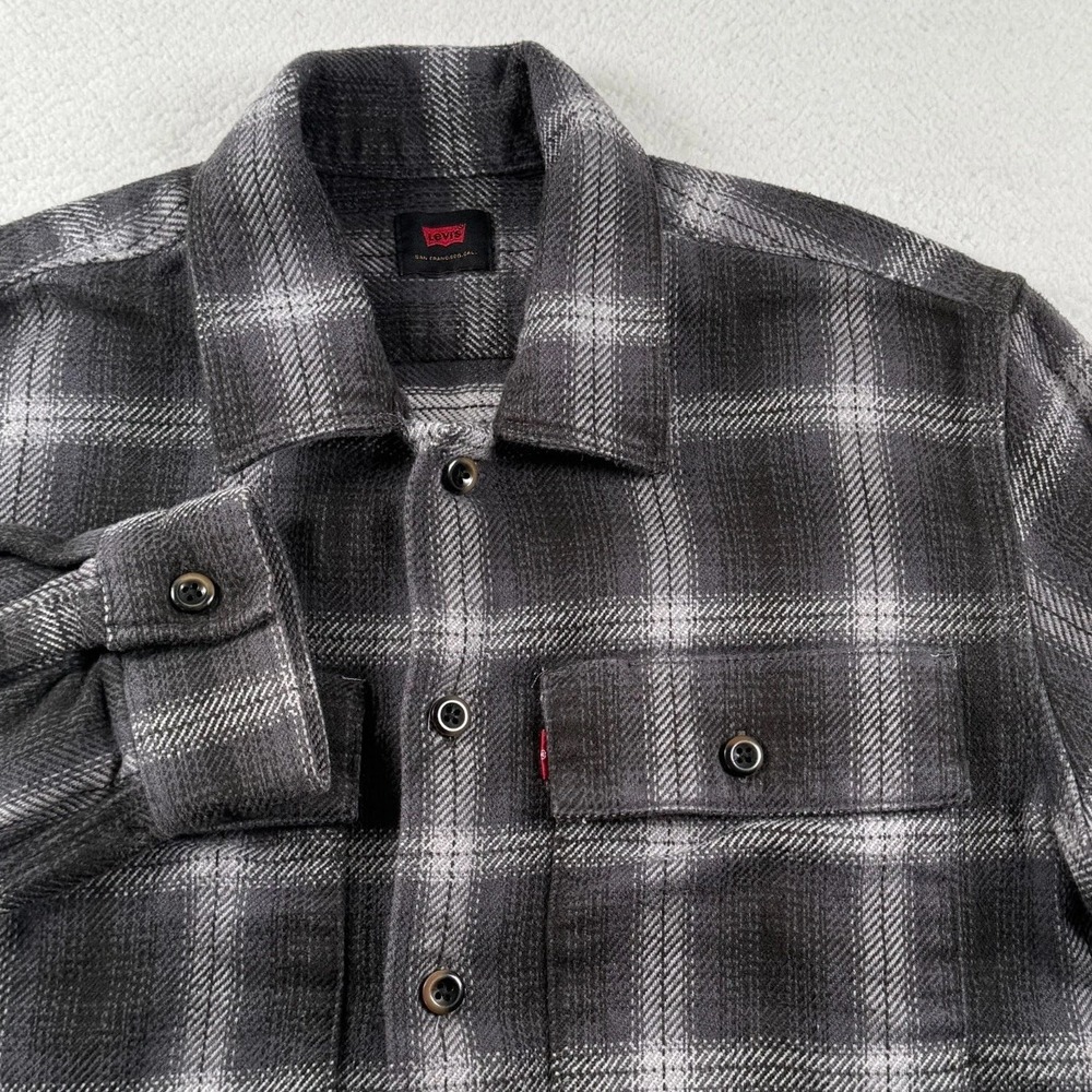 Levi's‎ Flannel Shirt Mens Medium Gray Windowpane Plaid Cotton Preppy Button Up